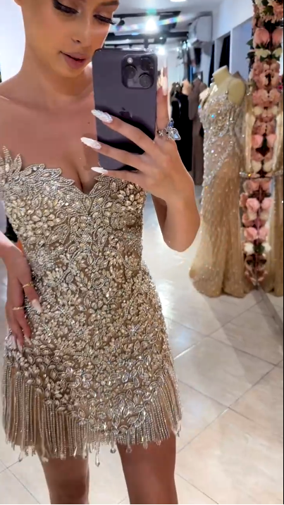 Gorgeous Silver Rhinestone Bandeau V-Neck Tassel Slim Birthday Homecoming Dress cc4115