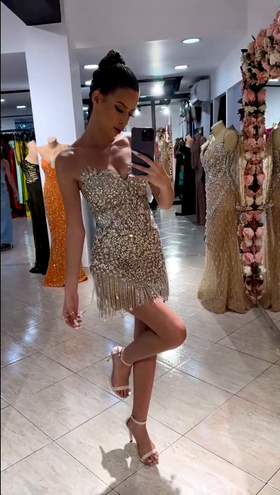 Gorgeous Silver Rhinestone Bandeau V-Neck Tassel Slim Birthday Homecoming Dress cc4115