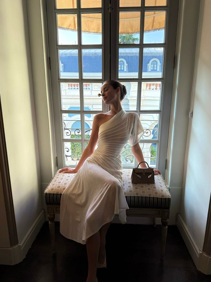 Simple White Slim One-shoulder Pleated Tea-length Prom Dress Evening Dress cc4816