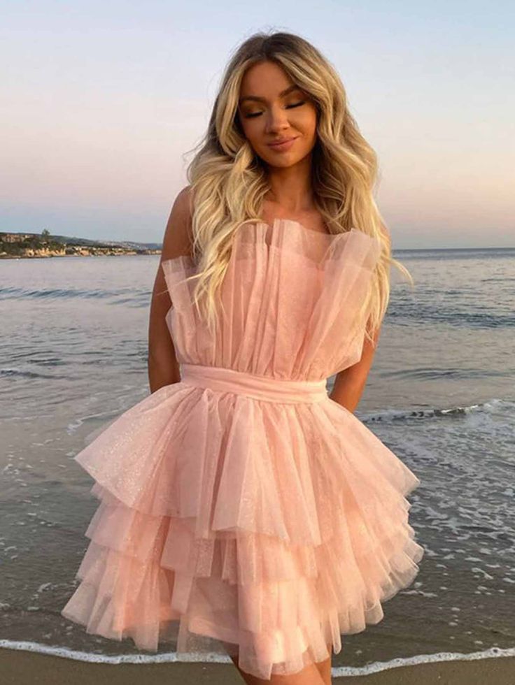 Sweet Princess Light Pink Shimmering Multi-layered Tulle Short 16th Birthday Homecoming Dress cc4120