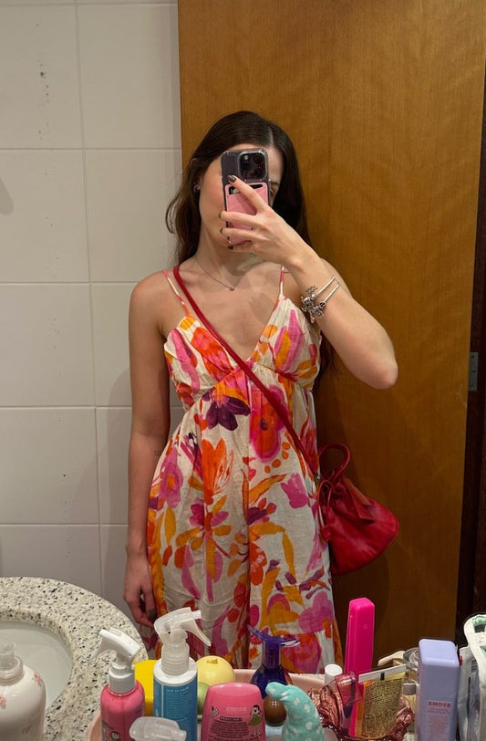 Vintage Colorful Floral Loose Deep V Strap Long Prom Dress cc4821