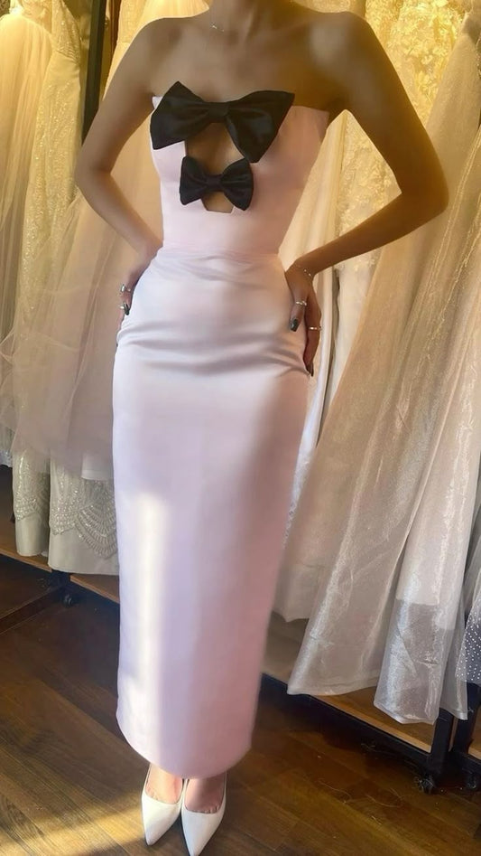 Sweet Pink Slim Strapless Bow Satin Long Prom Dress Evening Dress cc4824