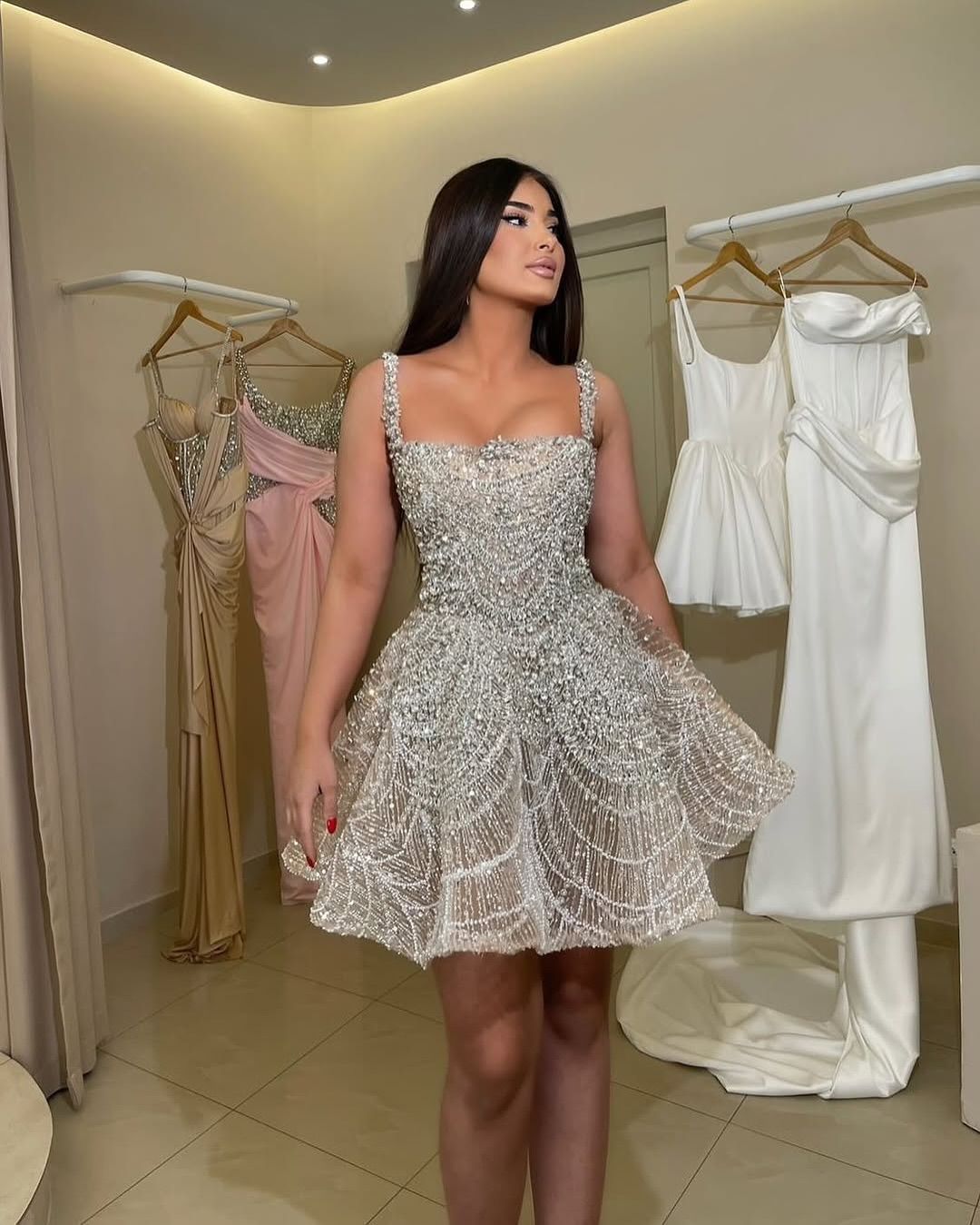 Gorgeous Silver Square Neckline Heavy Rhinestone A-line Mesh Birthday Party Homecoming Dress cc4124