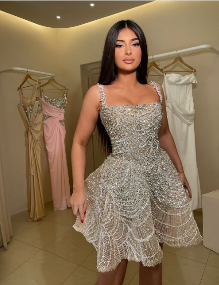 Gorgeous Silver Square Neckline Heavy Rhinestone A-line Mesh Birthday Party Homecoming Dress cc4124