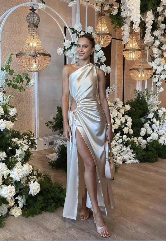 Elegant Champagne One-shoulder Pleated High Slit Satin Prom Dress Evening Dress cc4825