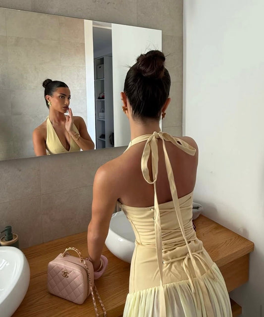 Elegant Light Yellow Slim Halter Deep V Strap Satin Chiffon Long Prom Dress Evening Dress cc4827