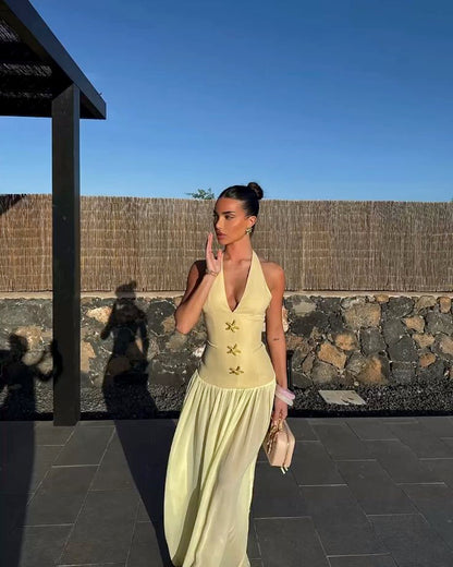 Elegant Light Yellow Slim Halter Deep V Strap Satin Chiffon Long Prom Dress Evening Dress cc4827