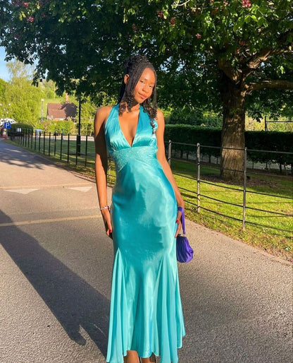 Elegant Turquoise Mermaid Halterneck Deep V-neck Satin Long Prom Dress Evening Dress cc4828