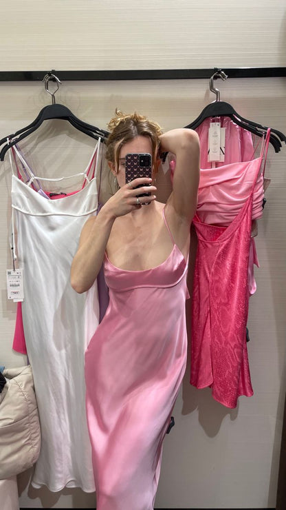Simple Pink Slim Fit Strap Square Neck Satin Long Prom Dress Bridesmaid Dress cc4829