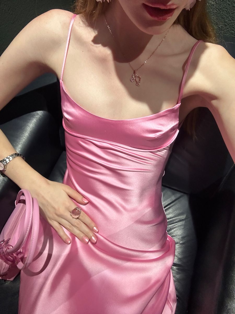 Simple Pink Slim Fit Strap Square Neck Satin Long Prom Dress Bridesmaid Dress cc4829