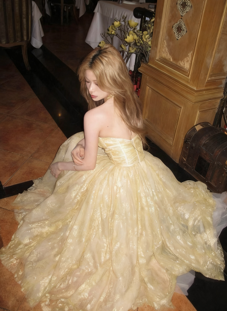 Princess Light Yellow A-line Tube Top Tulle Long Prom Dress Evening Dress 18th Birthday Dress cc4713