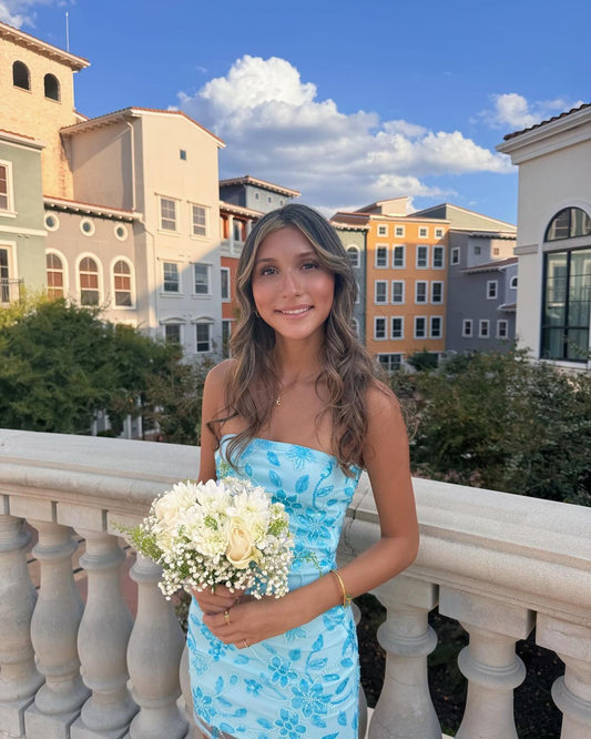 Light Blue Floral Embroidered Strapless Short Homecoming Dress - Teenage Prom Party Gown with Elegant Satin Fabric cc4013