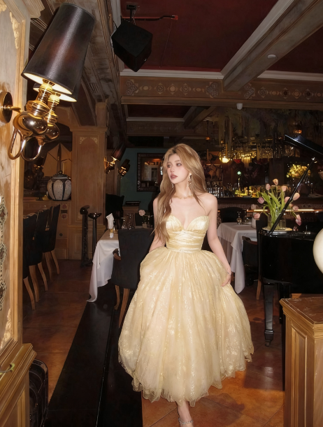 Princess Light Yellow A-line Tube Top Tulle Long Prom Dress Evening Dress 18th Birthday Dress cc4713