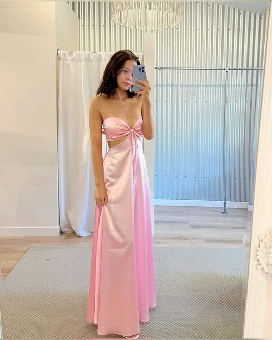 Sweet Pink Slim-fit Tube Top Side Waist Hollow Satin Long Prom Dress Evening Dress Bridesmaid Dress cc4831