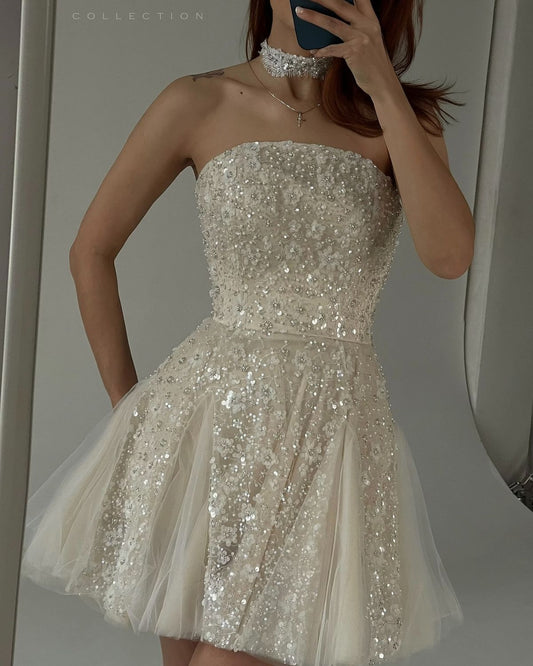 Princess Off-white Sequined Beaded Fluffy Tulle 16th Birthday Homecoming Dress cc4131