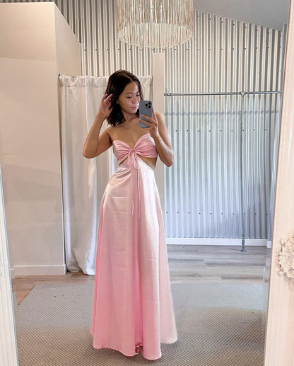 Sweet Pink Slim-fit Tube Top Side Waist Hollow Satin Long Prom Dress Evening Dress Bridesmaid Dress cc4831