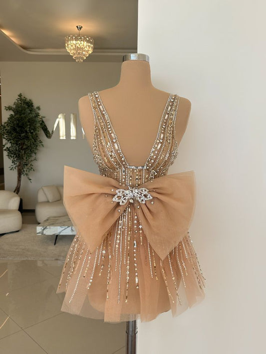 Luxury Nude Gold Deep V neck Rhinestone Beaded Bow Tulle A-line 16th Birthday Homecoming Dress cc4132