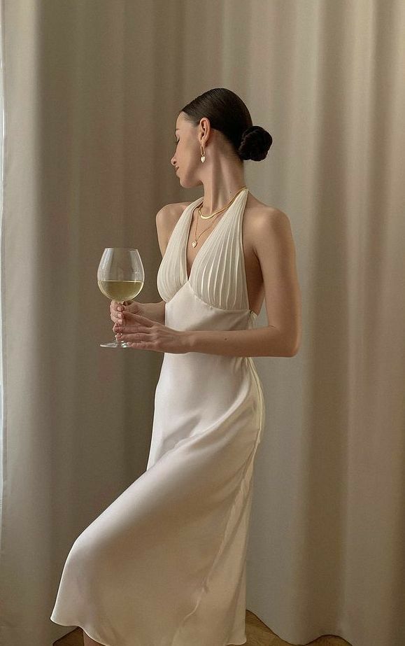 Elegant Ivory White Slim Halter Neck Deep V neck Satin Prom Dress Evening Dress cc4832