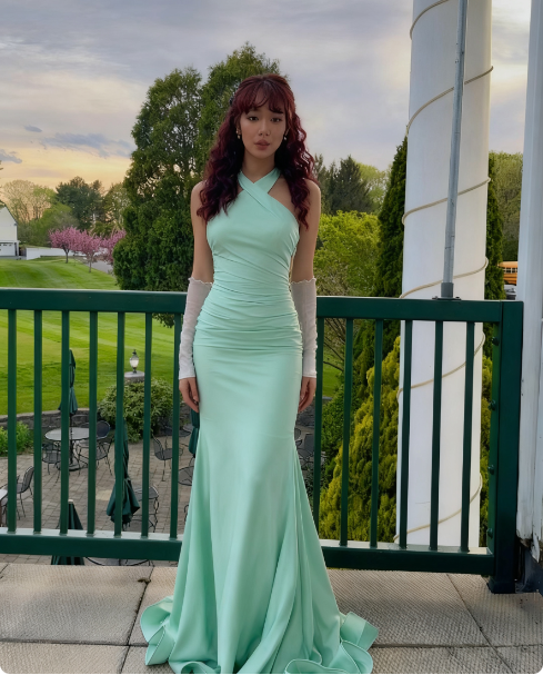 Elegant Mint Green Mermaid Cross Halter Neck Backless Satin Long Prom Dress Evening Dress cc4835