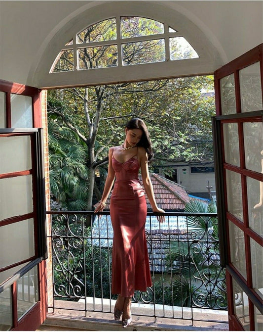 Vintage Red Brown Mermaid Deep V Halter Backless Satin Long Prom Dress Evening Dress cc4836