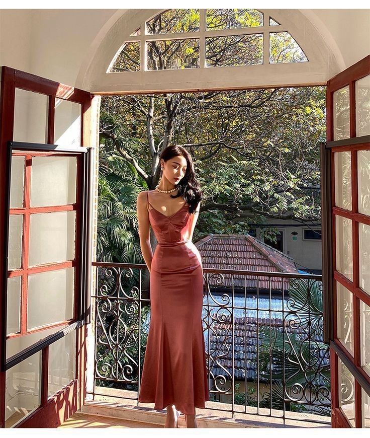 Vintage Red Brown Mermaid Deep V Halter Backless Satin Long Prom Dress Evening Dress cc4836