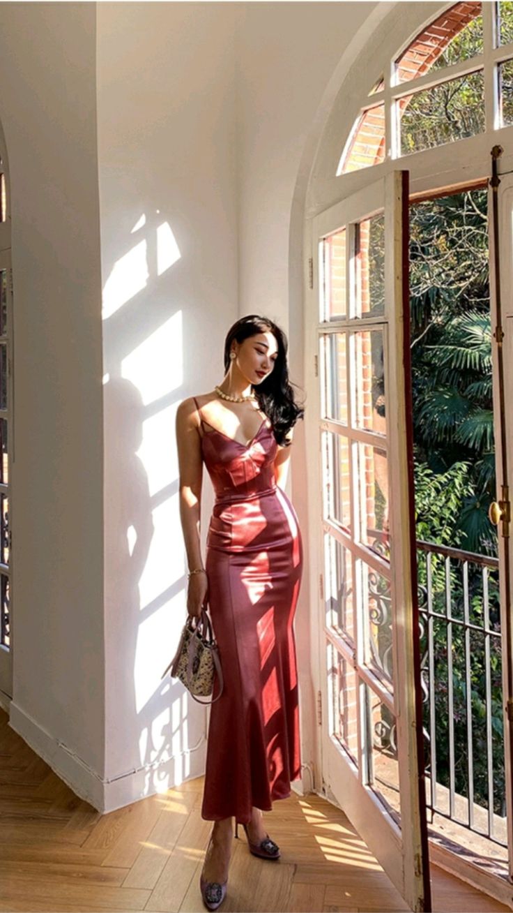 Vintage Red Brown Mermaid Deep V Halter Backless Satin Long Prom Dress Evening Dress cc4836