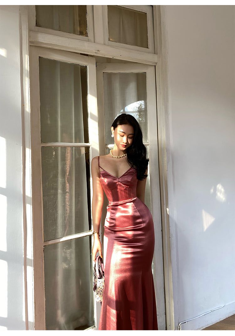 Vintage Red Brown Mermaid Deep V Halter Backless Satin Long Prom Dress Evening Dress cc4836