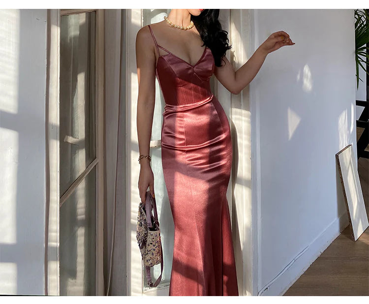 Vintage Red Brown Mermaid Deep V Halter Backless Satin Long Prom Dress Evening Dress cc4836