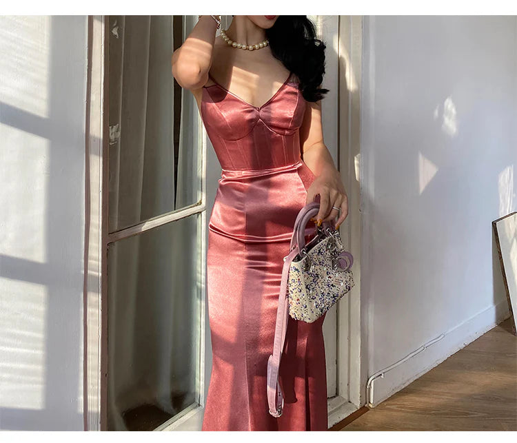 Vintage Red Brown Mermaid Deep V Halter Backless Satin Long Prom Dress Evening Dress cc4836