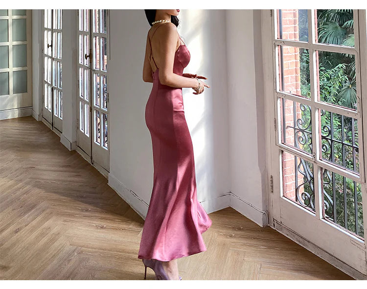 Vintage Red Brown Mermaid Deep V Halter Backless Satin Long Prom Dress Evening Dress cc4836