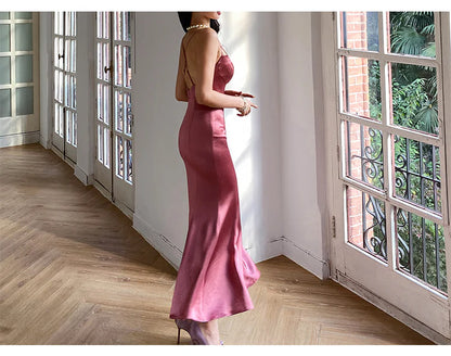 Vintage Red Brown Mermaid Deep V Halter Backless Satin Long Prom Dress Evening Dress cc4836