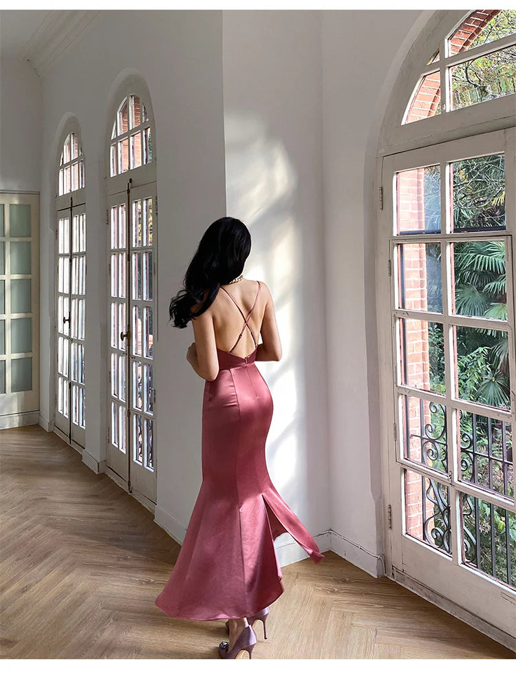 Vintage Red Brown Mermaid Deep V Halter Backless Satin Long Prom Dress Evening Dress cc4836