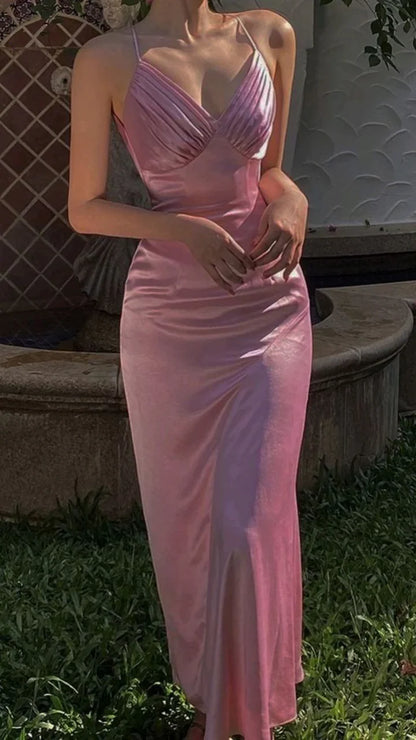 Elegant Pink Mermaid Deep V Strap Satin Long Prom Dress Evening Dress cc4840