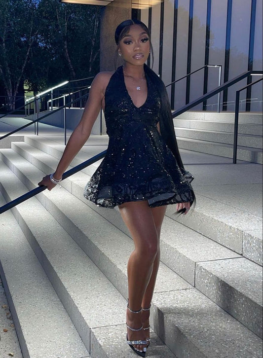 Sparkling Black Halter Neck Sequined Tulle A-Line 16th Birthday Homecoming Dress cc4141
