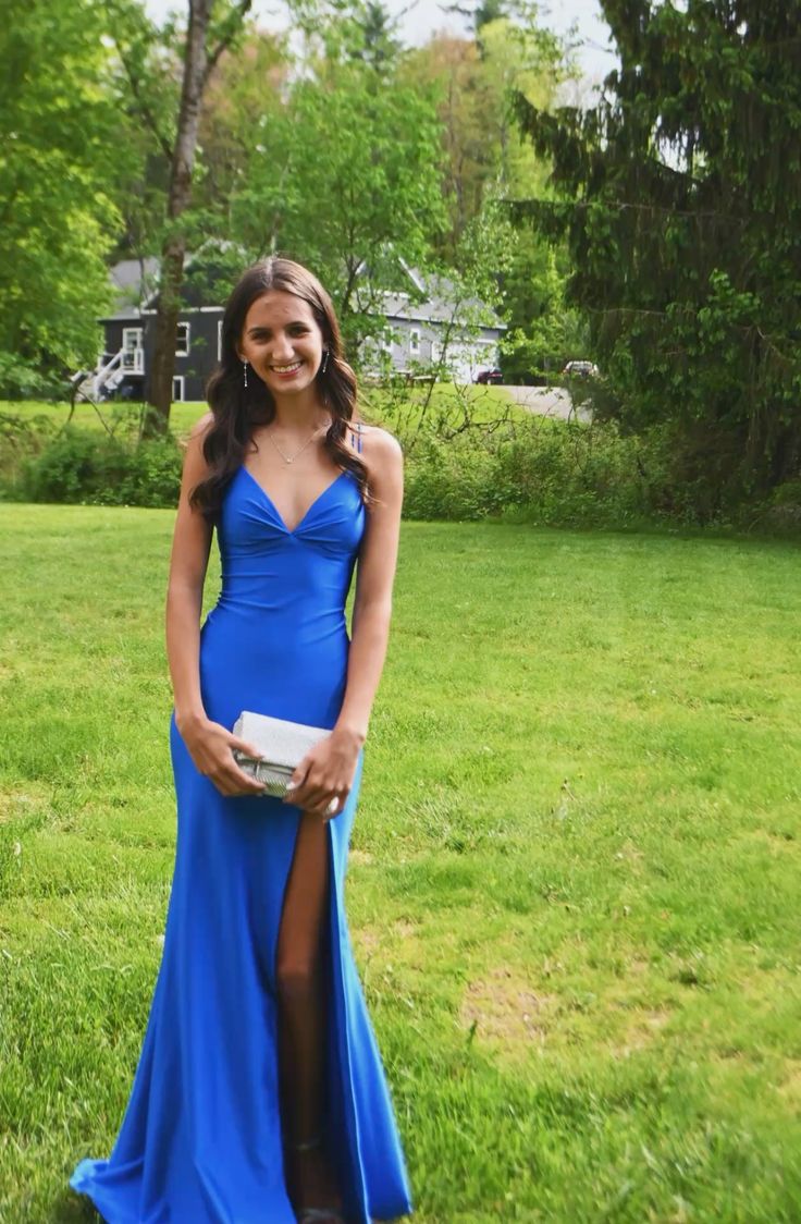 Elegant Royal Blue Mermaid Deep V Strap High Slit Satin Long Prom Dress Evening Dress cc4842