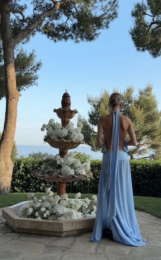 Elegant Blue Loose Halter Neck Tie Backless Chiffon Long Prom Dress Evening Dress cc4844