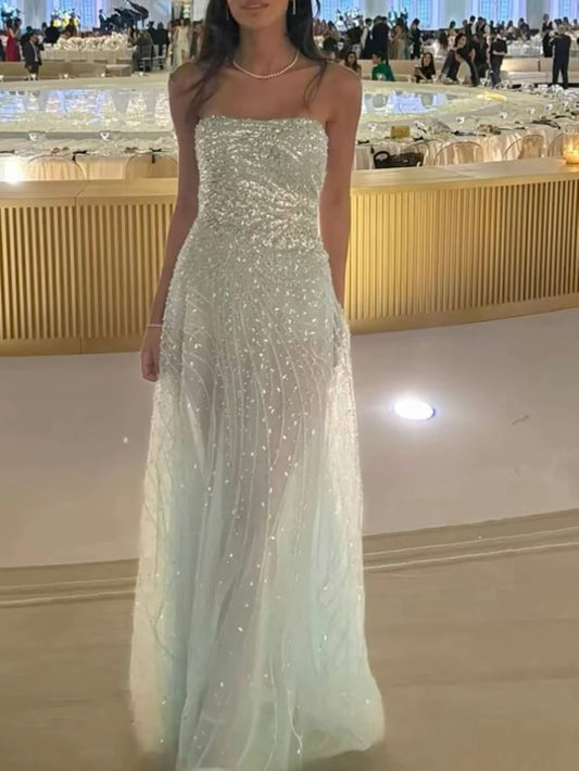 Shimmering Light Blue Fitted Strapless Sequined Tulle Long Prom Dress Evening Dress cc4846