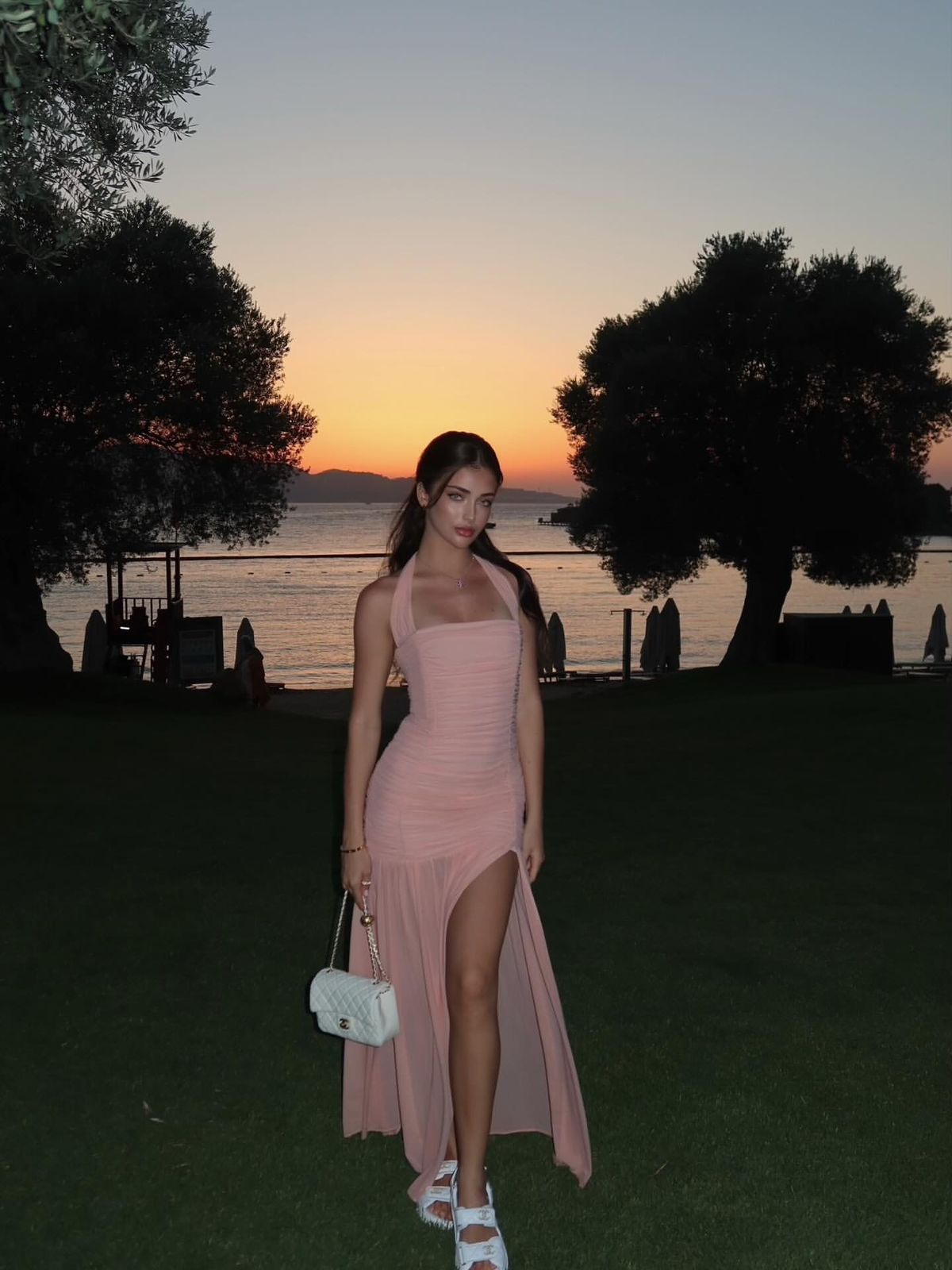 Elegant Pink Fitted Halter Neck High Slit Chiffon Long Prom Dress Evening Dress cc4847