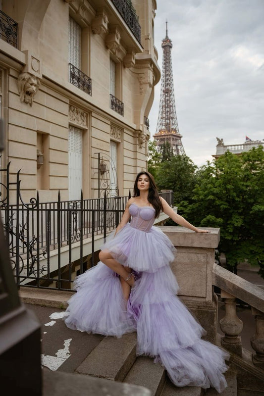 Dreamy Purple Train Strapless Tulle Ball Gown Evening Dress cc4849