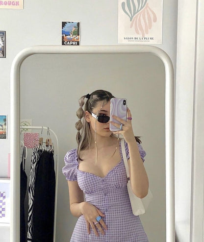 Sweet Purple And White Plaid Puff Sleeves Playful 16th Birthday Homecoming Dress cc4149
