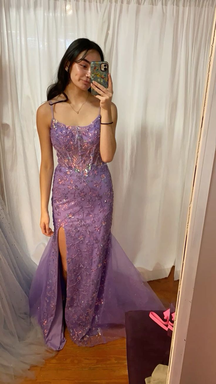 Gorgeous Purple Mermaid Spaghetti Strap Sequin Embroidery Slit Long Prom Dress Evening Dress cc4715