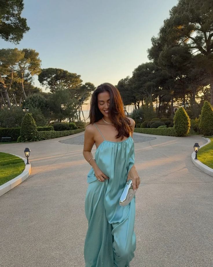 Relaxed Mint Green Loose Spaghetti Strap Backless Satin Long Prom Dress Evening Dress cc4850