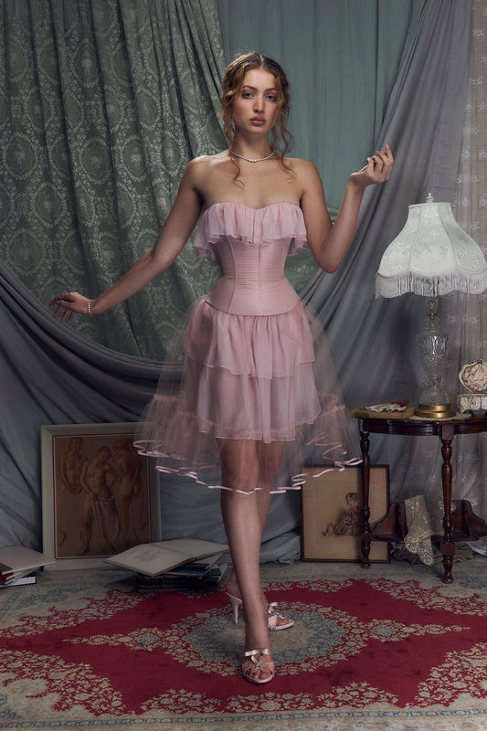 Retro Palace Light Pink Ruffled Tulle A-line 17th Birthday Homecoming Dress cc4150