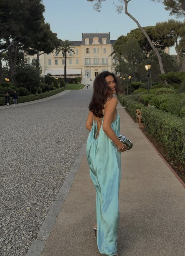 Relaxed Mint Green Loose Spaghetti Strap Backless Satin Long Prom Dress Evening Dress cc4850