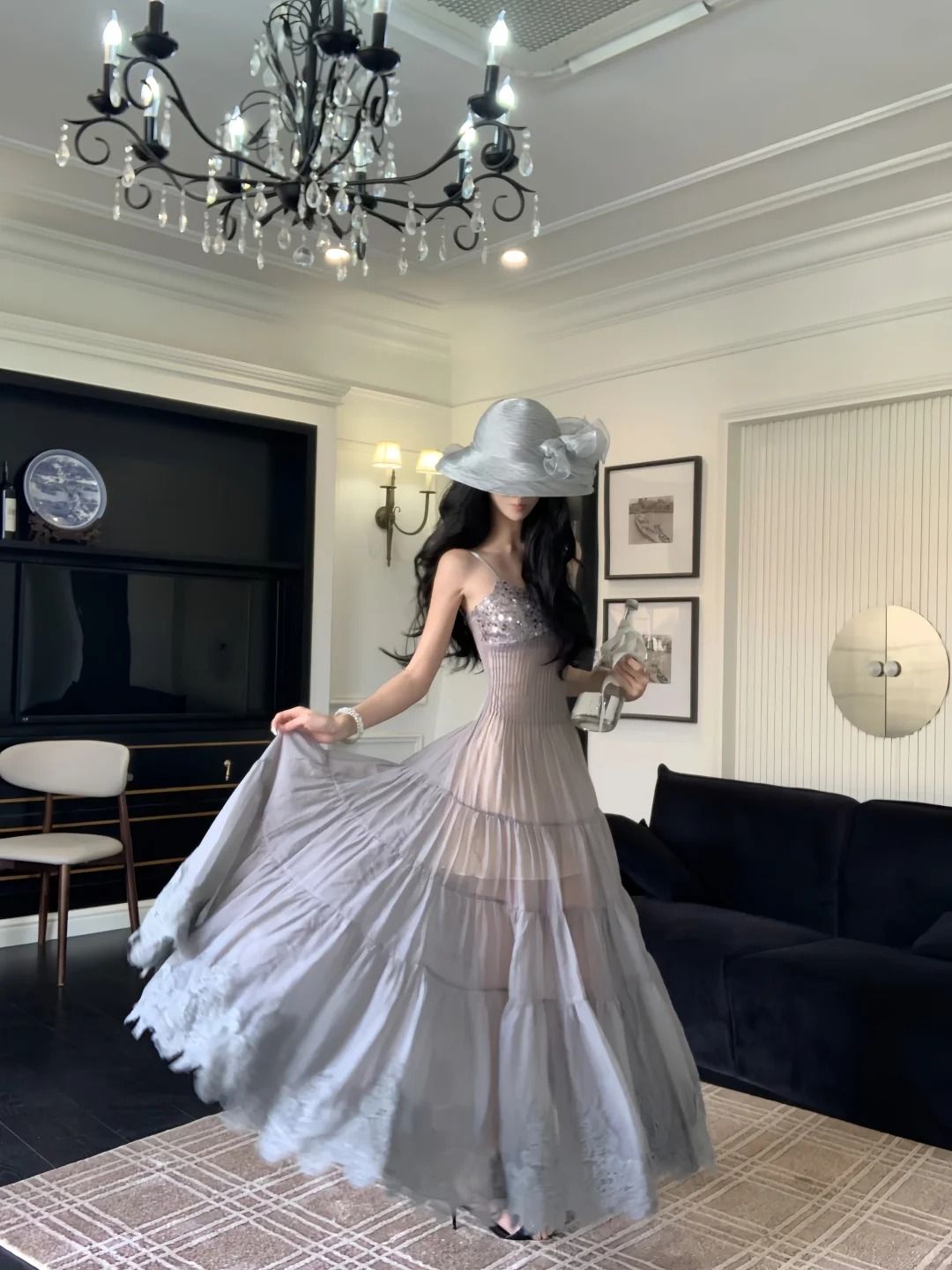 Elegant Smoky Gray A-line Spaghetti Strap Sequined Lace Long Prom Dress Evening Dress cc4853