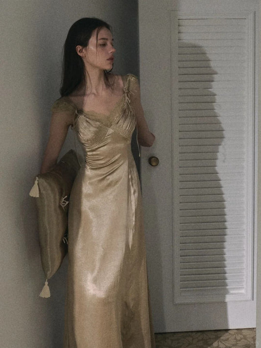 Elegant Champagne Gold Fitted Deep V Halter Satin Long Prom Dress Evening Dress cc4854