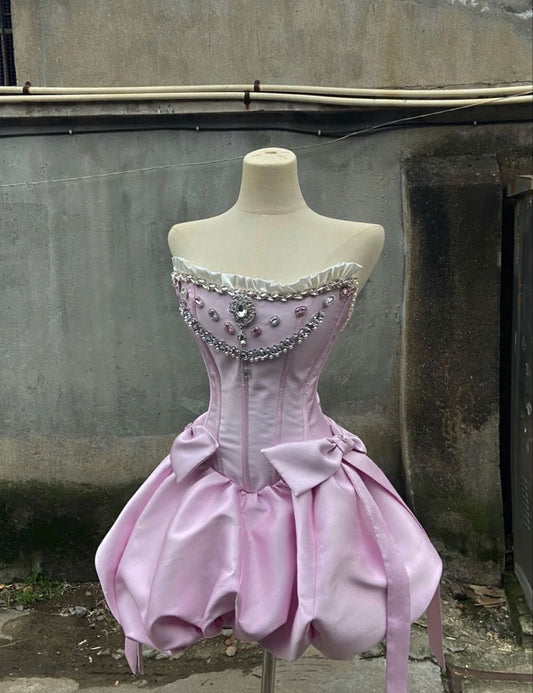 Retro Tube Top Rhinestone Bow Satin Bud 16th Birthday Homecoming Dress cc4155