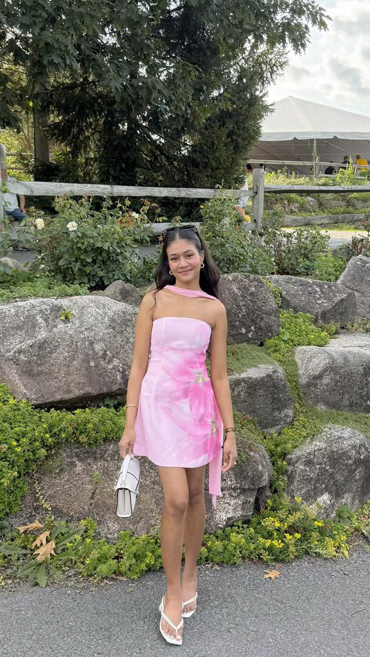 Sweet Printed Tube Top With Ribbon A-line 16th Birthday Homecoming Dress cc4156