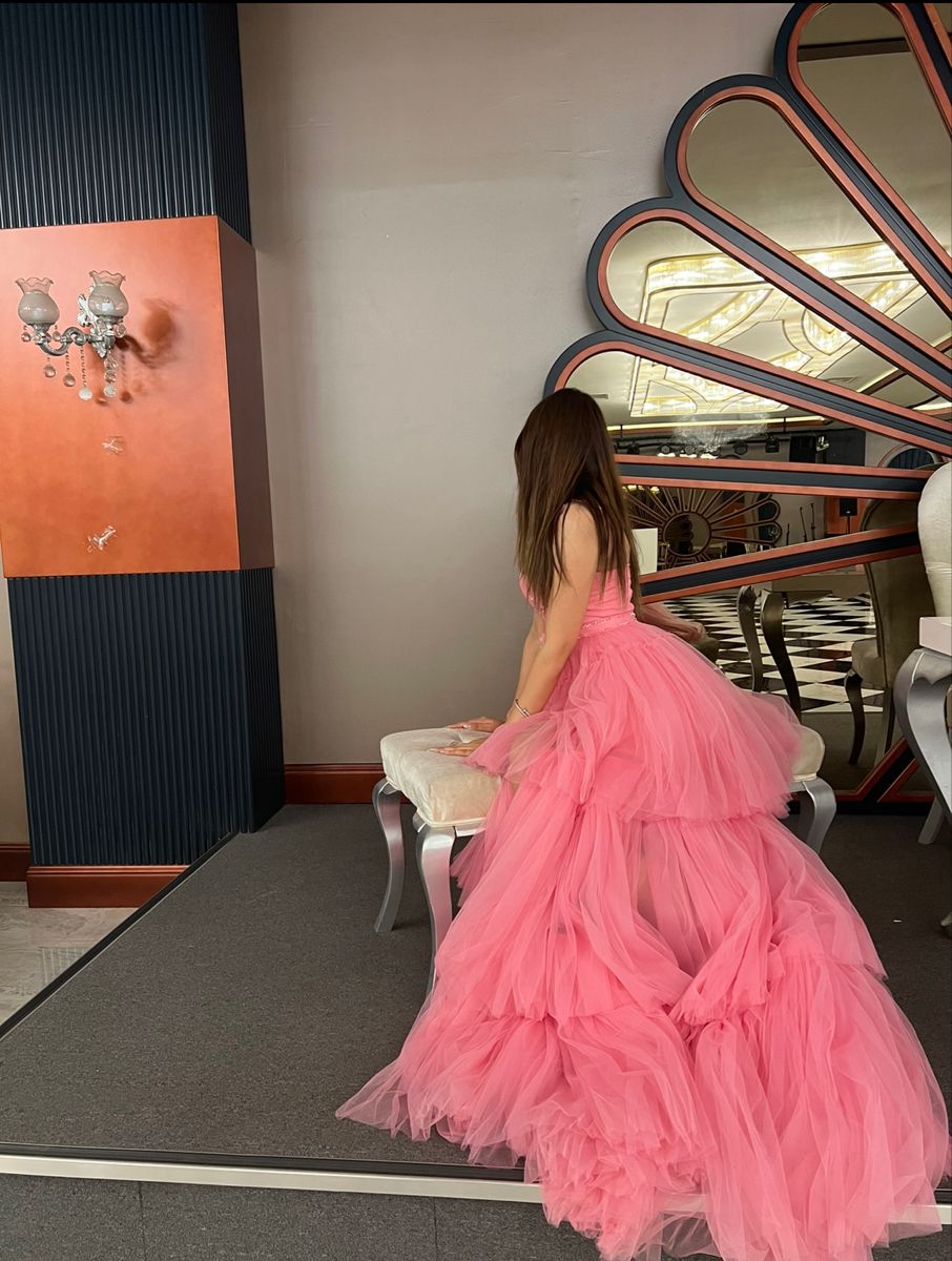 Dreamy Peach Pink Backless Layered Tulle Train Ball Gown Evening Dress cc4856