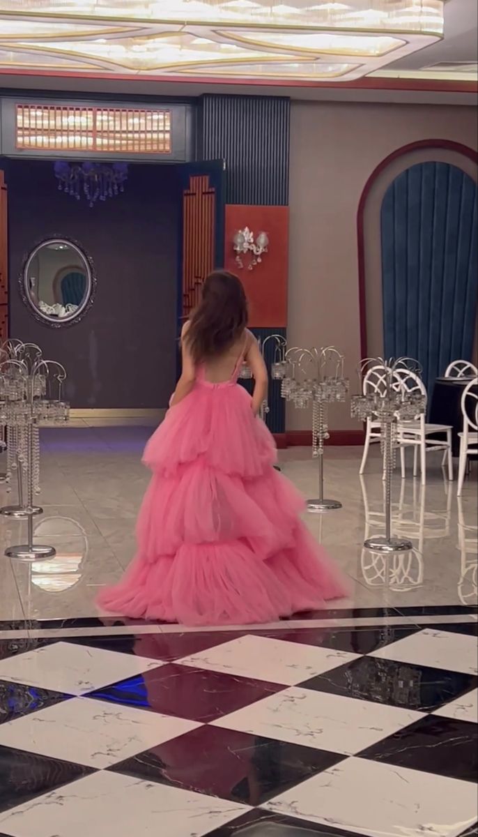 Dreamy Peach Pink Backless Layered Tulle Train Ball Gown Evening Dress cc4856